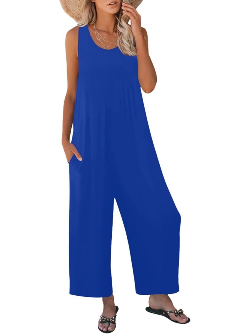 Women's Light Blue Casual Loose Tank Sleeveless Crewneck Long Pant Romper